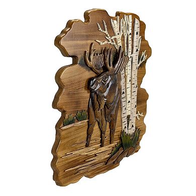 Moose in Birch Forest 23.5 inch Rustic Intarsia Wood Wall Art Sculpture