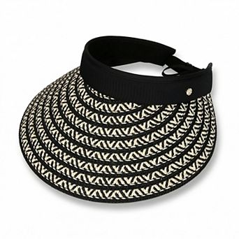 Women Straw Sun Visor Hat Wide Brim Woven Pattern Contrast Band Adjustable Summer Hat