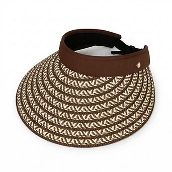 Women Straw Sun Visor Hat Wide Brim Woven Pattern Contrast Band Adjustable Summer Hat
