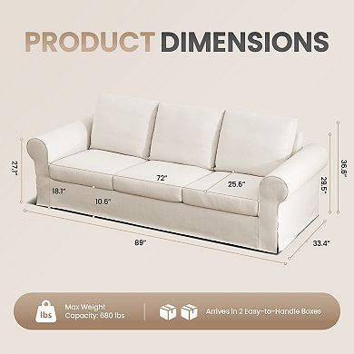 89'' Upholstered 3-Seater Sofa with Rolled Arms, Polyester Slipcovered Couch for Living Room