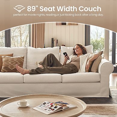 89'' Upholstered 3-Seater Sofa with Rolled Arms, Polyester Slipcovered Couch for Living Room