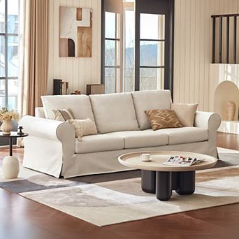 89'' Upholstered 3-Seater Sofa with Rolled Arms, Polyester Slipcovered Couch for Living Room