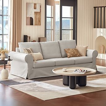 89'' Upholstered 3-Seater Sofa with Rolled Arms, Polyester Slipcovered Couch for Living Room