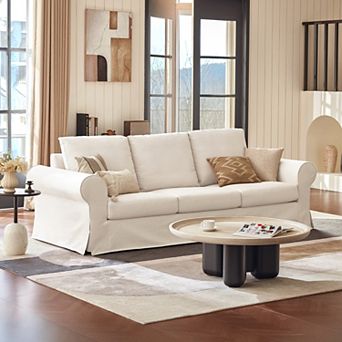 89'' Upholstered 3-Seater Sofa with Rolled Arms, Polyester Slipcovered Couch for Living Room