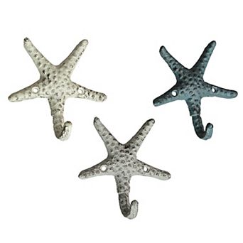 Set of 3 Cast Iron Nautical Starfish Decorative Wall Hooks Hangers 4 in