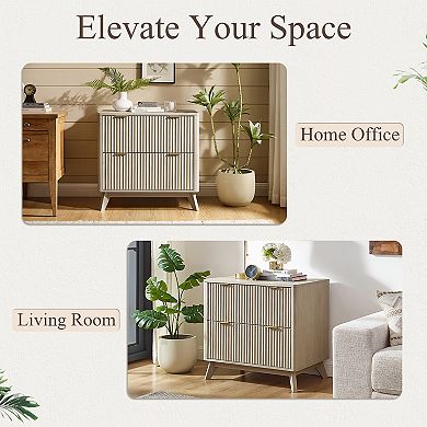 Fluted 2 Drawer Lateral File Cabinet, Modern Wood Printer Cabinet with Storage for Home Office