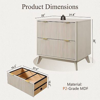 Fluted 2 Drawer Lateral File Cabinet, Modern Wood Printer Cabinet with Storage for Home Office