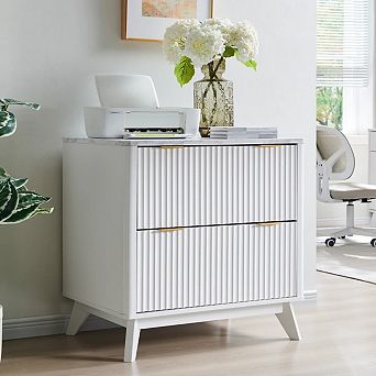 Fluted 2 Drawer Lateral File Cabinet, Modern Wood Printer Cabinet with Storage for Home Office
