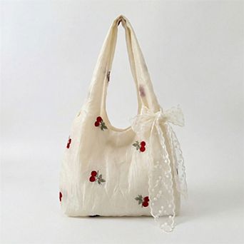 Women Embroidered Cherry Shoulder Tote Bag Lace Bow Detail Soft Slouchy Handbag