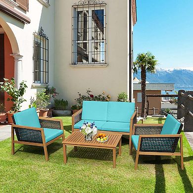 4 Pieces Patio Rattan Furniture Set with Removable Cushions