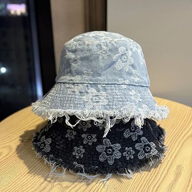 Women Floral Bucket Hat Distressed Edge Casual Denim Style Sun Hat