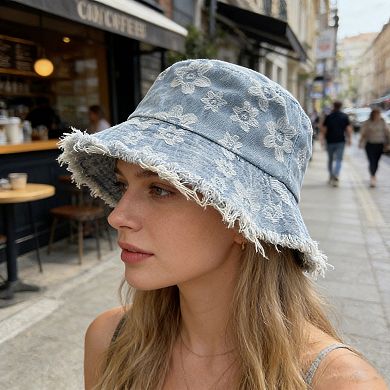 Women Floral Bucket Hat Distressed Edge Casual Denim Style Sun Hat