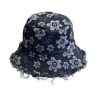 Women Floral Bucket Hat Distressed Edge Casual Denim Style Sun Hat