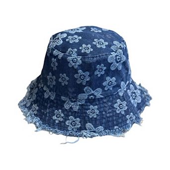 Women Floral Bucket Hat Distressed Edge Casual Denim Style Sun Hat