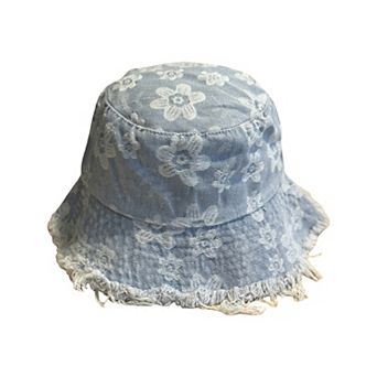 Women Floral Bucket Hat Distressed Edge Casual Denim Style Sun Hat