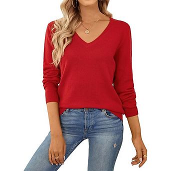 V-Neck Lightweight Pullover Knit Sweater