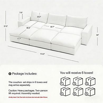 113.8" Cloud Sectional Couch with Deep Seat, 3-Seat Sofa with 3 Storage Ottomans for Living Room