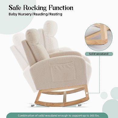 Contemporary Upholstered Rocking Glider Chair ,Tall Wingback & Side Pockets,Sturdy Rubber Wood Base