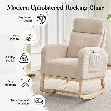 Contemporary Upholstered Rocking Glider Chair ,Tall Wingback & Side Pockets,Sturdy Rubber Wood Base