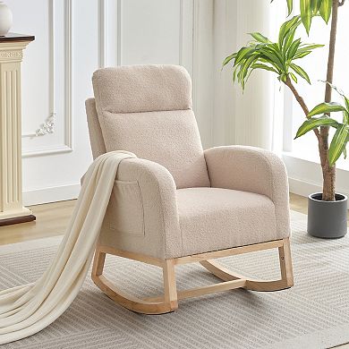 Contemporary Upholstered Rocking Glider Chair ,Tall Wingback & Side Pockets,Sturdy Rubber Wood Base