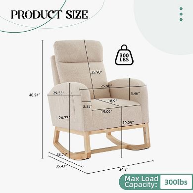 Contemporary Upholstered Rocking Glider Chair ,Tall Wingback & Side Pockets,Sturdy Rubber Wood Base