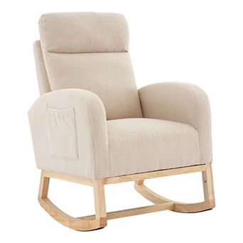 Contemporary Upholstered Rocking Glider Chair ,Tall Wingback & Side Pockets,Sturdy Rubber Wood Base