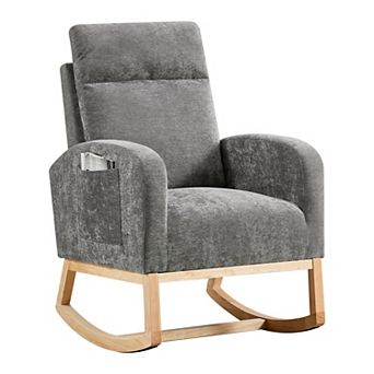 Contemporary Upholstered Rocking Glider Chair ,Tall Wingback & Side Pockets,Sturdy Rubber Wood Base