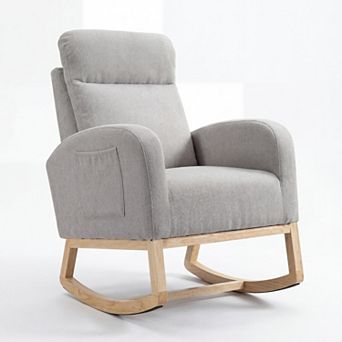 Contemporary Upholstered Rocking Glider Chair ,Tall Wingback & Side Pockets,Sturdy Rubber Wood Base