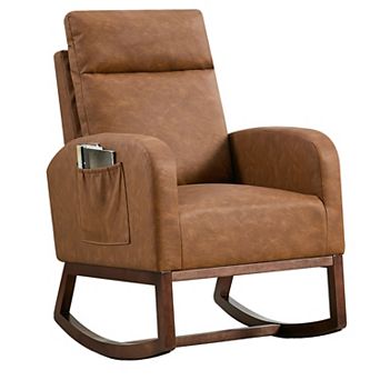 Contemporary Upholstered Rocking Glider Chair ,Tall Wingback & Side Pockets,Sturdy Rubber Wood Base