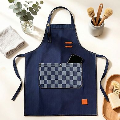 Denim Kitchen Apron with Adjustable Neck Strap Multi Pocket Work Apron for Cooking Baking Barista