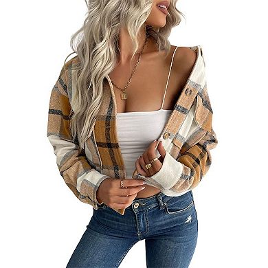 Women's Cropped Plaid Blazer Coat - Notch Lapel Long Sleeve Wool Blend Jacket for Fall