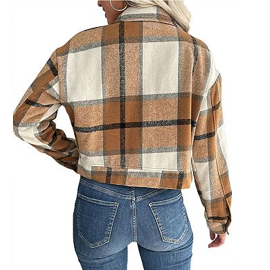 Women's Cropped Plaid Blazer Coat - Notch Lapel Long Sleeve Wool Blend Jacket for Fall