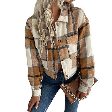 Women's Cropped Plaid Blazer Coat - Notch Lapel Long Sleeve Wool Blend Jacket for Fall
