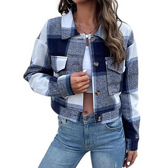 Women's Cropped Plaid Blazer Coat - Notch Lapel Long Sleeve Wool Blend Jacket for Fall