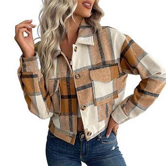 Women's Cropped Plaid Blazer Coat - Notch Lapel Long Sleeve Wool Blend Jacket for Fall