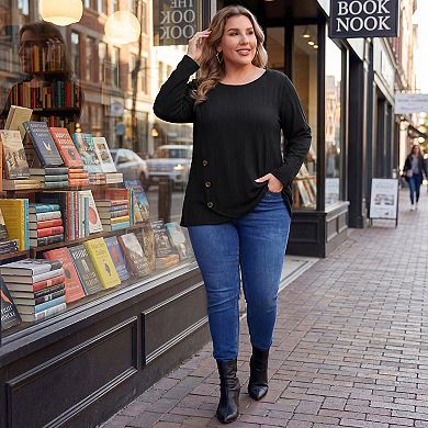 Women's Plus Size Tops Crew Neck Crossover Hem Long Sleeve Textured Knit Tunic Top with Buttons