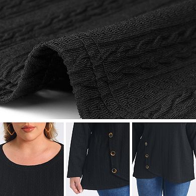 Women's Plus Size Tops Crew Neck Crossover Hem Long Sleeve Textured Knit Tunic Top with Buttons