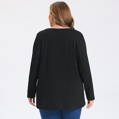 Women's Plus Size Tops Crew Neck Crossover Hem Long Sleeve Textured Knit Tunic Top with Buttons