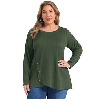 Women's Plus Size Tops Crew Neck Crossover Hem Long Sleeve Textured Knit Tunic Top with Buttons