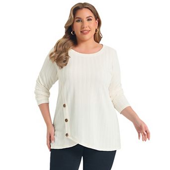 Women's Plus Size Tops Crew Neck Crossover Hem Long Sleeve Textured Knit Tunic Top with Buttons