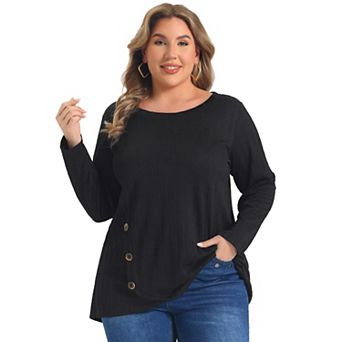 Women's Plus Size Tops Crew Neck Crossover Hem Long Sleeve Textured Knit Tunic Top with Buttons