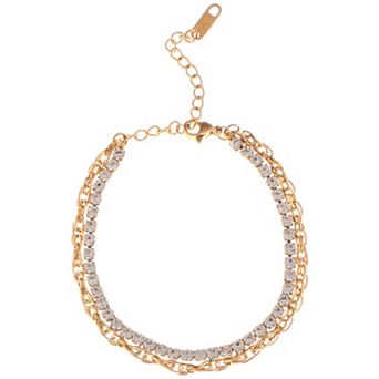 Dual Chain Rhinestone Fashion Bracelet with Gold Tone Finish