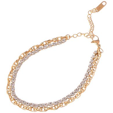 Dual Chain Rhinestone Fashion Bracelet with Gold Tone Finish
