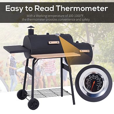 Offset Charcoal Smoker Grill with Firebox Side Shelf Thermometer