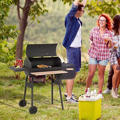 Offset Charcoal Smoker Grill with Firebox Side Shelf Thermometer