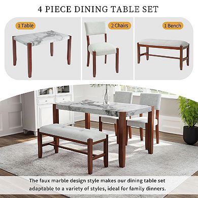 Pnronnc 4-Piece Marble Look Dining Table Set, Kitchen Table Set with 2 Chairs and Bench