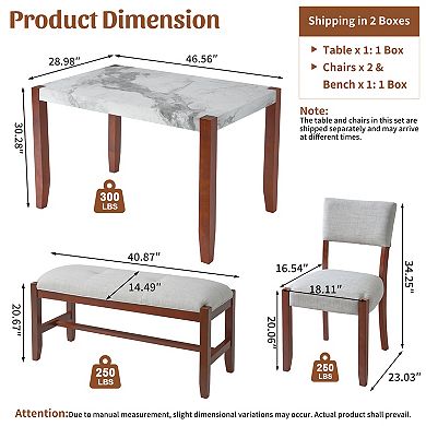 Pnronnc 4-Piece Marble Look Dining Table Set, Kitchen Table Set with 2 Chairs and Bench