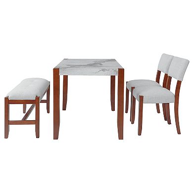 Pnronnc 4-Piece Marble Look Dining Table Set, Kitchen Table Set with 2 Chairs and Bench