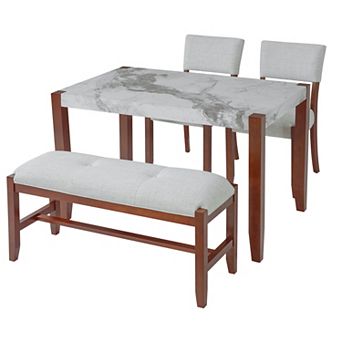 Pnronnc 4 pc Marble Look Dining Table Set, Kitchen Table Set with 2 Chairs and Bench