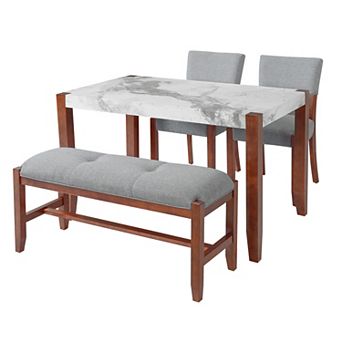 Pnronnc 4 pc Marble Look Dining Table Set, Kitchen Table Set with 2 Chairs and Bench